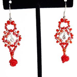 Victorian Vogue Beaded Dangling Rose Earrings